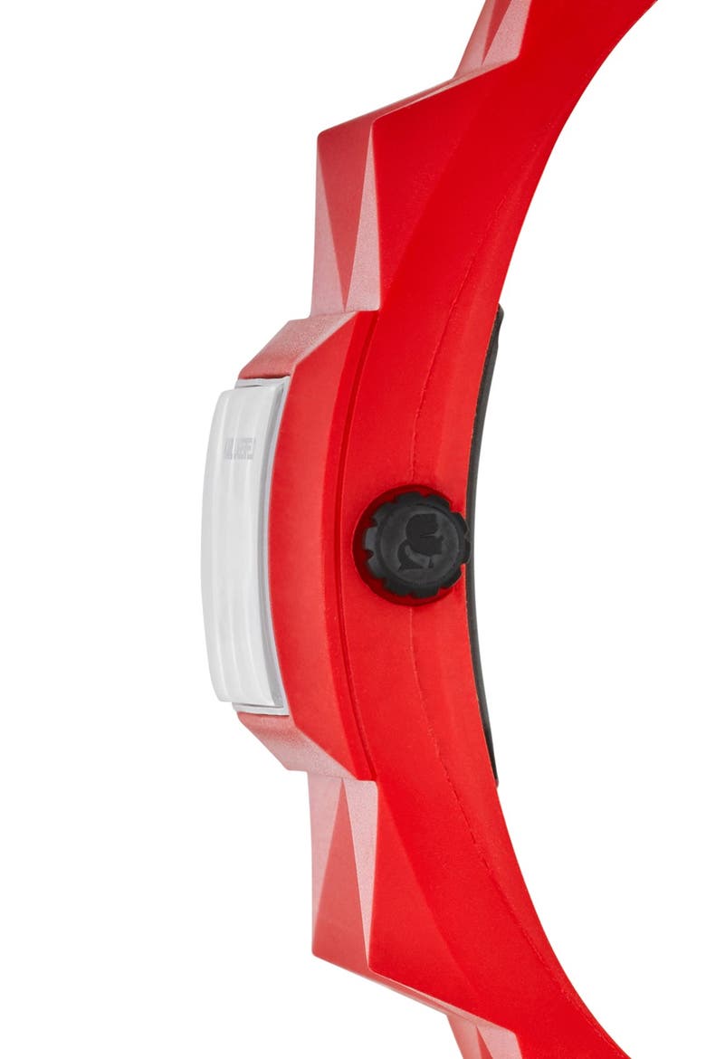 KARL LAGERFELD 'Perspektive' Pyramid Rubber Strap Watch, 32mm x 24mm, Alternate, color, RED