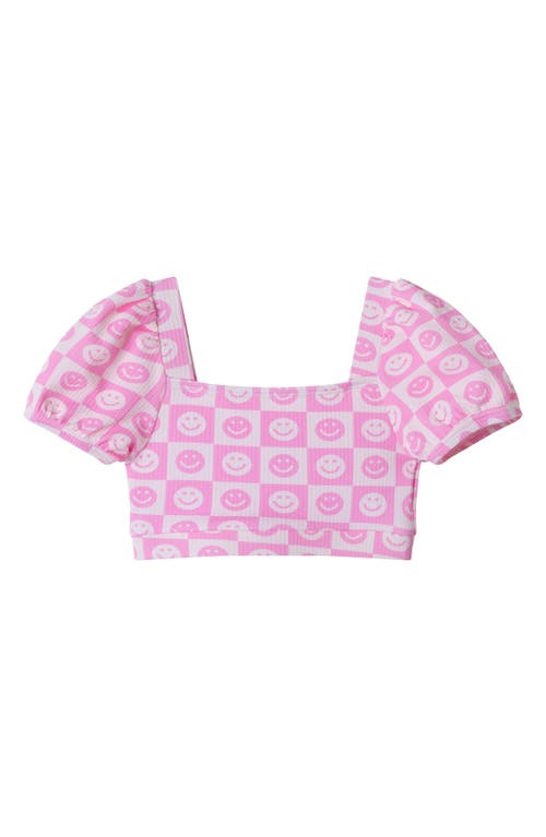 Shop Andy & Evan Kids' Smiley Textured Puff Sleeve Two-piece Swimsuit In Pink Smiley