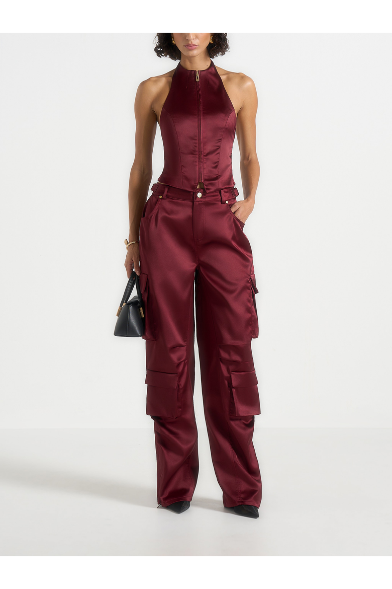 Claudette Backless Satin Halter Top, Alternate, color, Wine Red