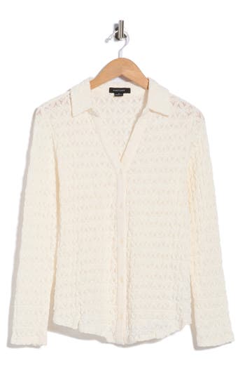 Sanctuary Pucker Up Dreamgirl Semisheer Cotton Blend Lace Button-up Shirt In Ivory Chalk