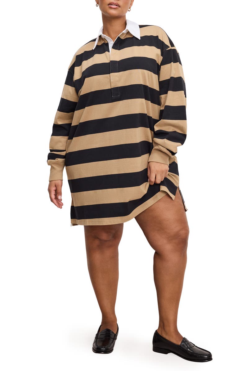 Good American Stripe Jersey Polo Minidress, Alternate, color, Good Khaki/ Black Rugby Stripe