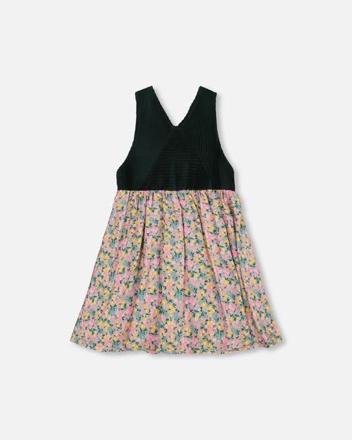Deux Par Deux Bi-material Overall Dress With Flower In Green
