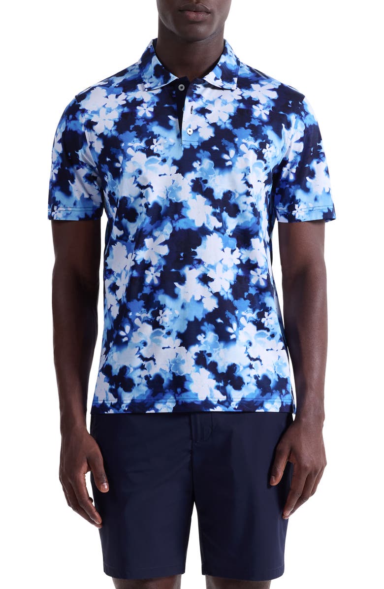 Bugatchi Hendrix Digital Blurred Floral Print Pima Cotton Polo, Main, color, Navy