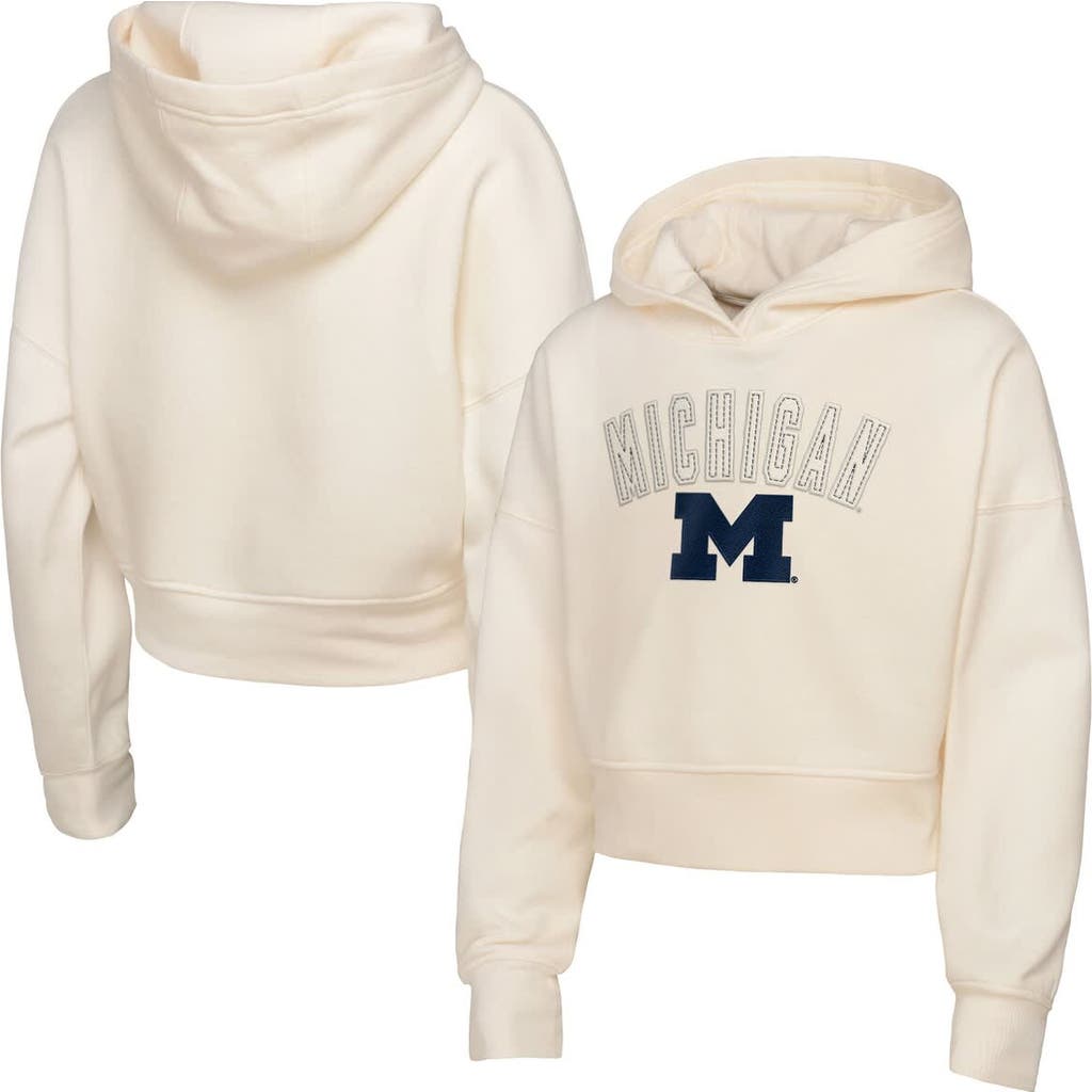 Outerstuff Big Girls Cream Michigan Wolverines Oversized Blitz Cropped Pullover Hoodie In White