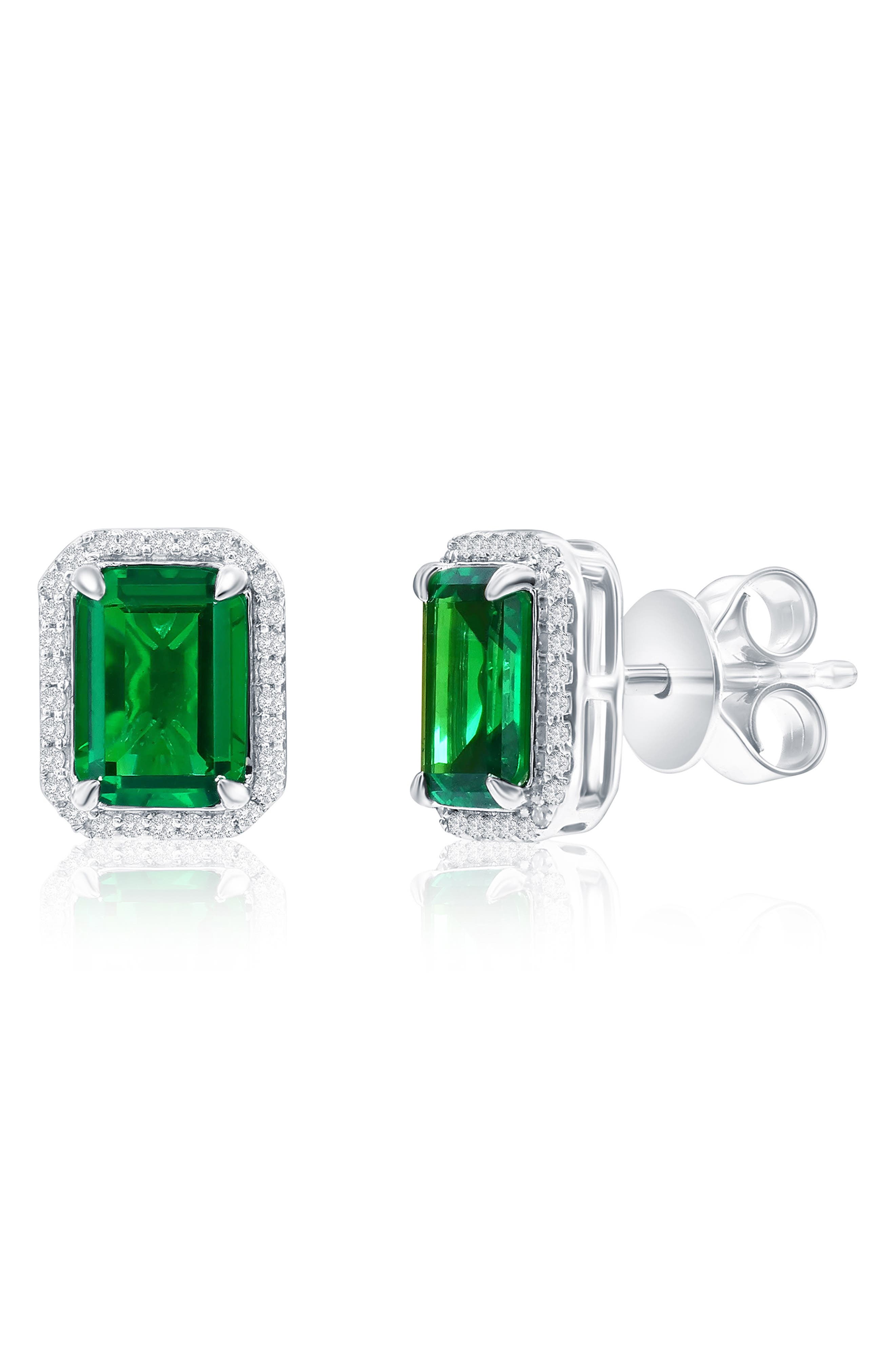 Sterling Silver Lab Grown Emerald & Diamond Halo Stud Earrings