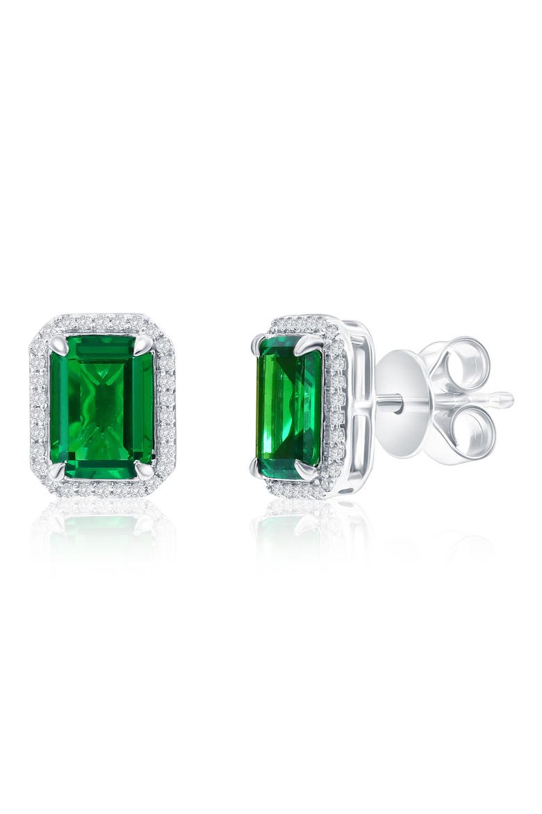 Sterling Silver Lab Grown Emerald & Diamond Halo Stud Earrings, Main, color, EMERALD