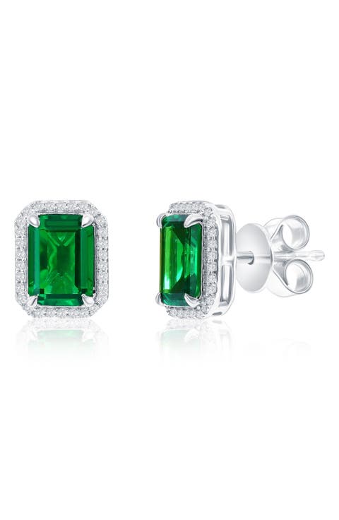 Sterling Silver Lab Grown Emerald & Diamond Halo Stud Earrings