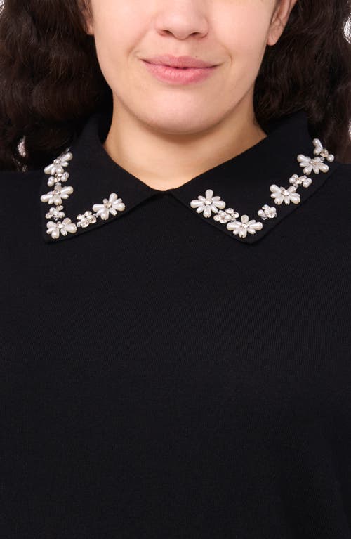 Cece Faux Pearl & Rhinestone Detail Collared Sweater In Black