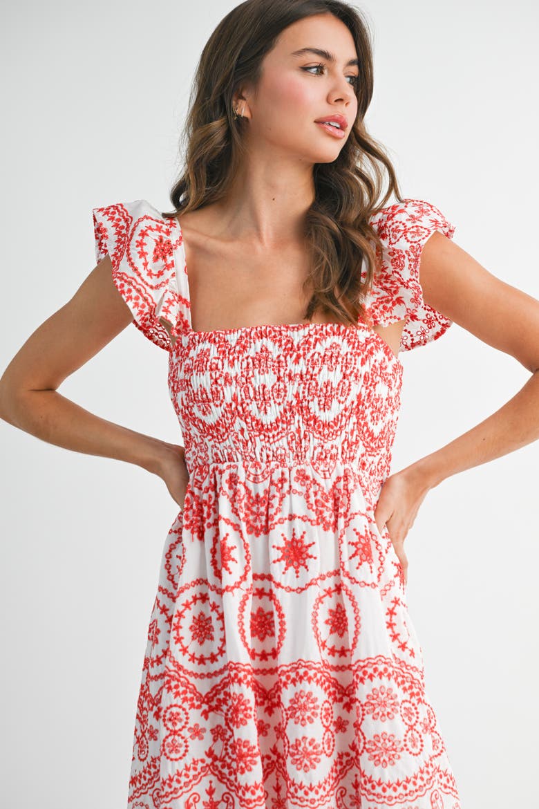 Embroidered Smocked Cutout Midi Dress, Alternate, color, Red