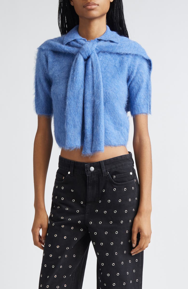 MONSE Tie Scarf Overlay Crop Alpaca & Merino Wool Blend Polo, Main, color, Blue