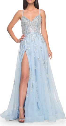 La Femme Two Tone Tulle A-Line Prom Dress with Floral Beaded Detail |  Nordstrom