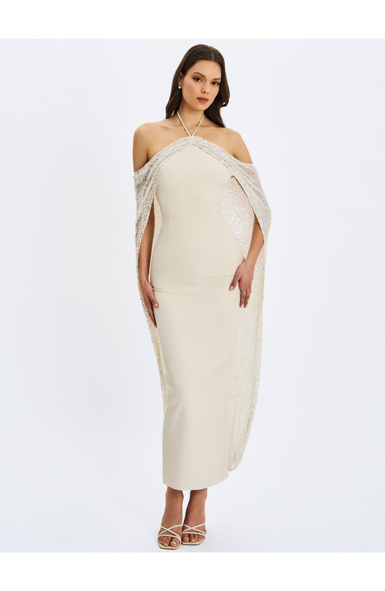 Miss Circle Quimera Beaded Cape Halter Off-Shoulder Maxi Gown, Alternate, color, Almond