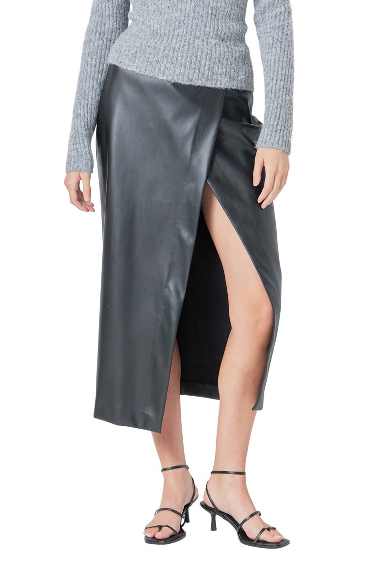 Faux Leather Midi Skirt, Alternate, color, BLACK