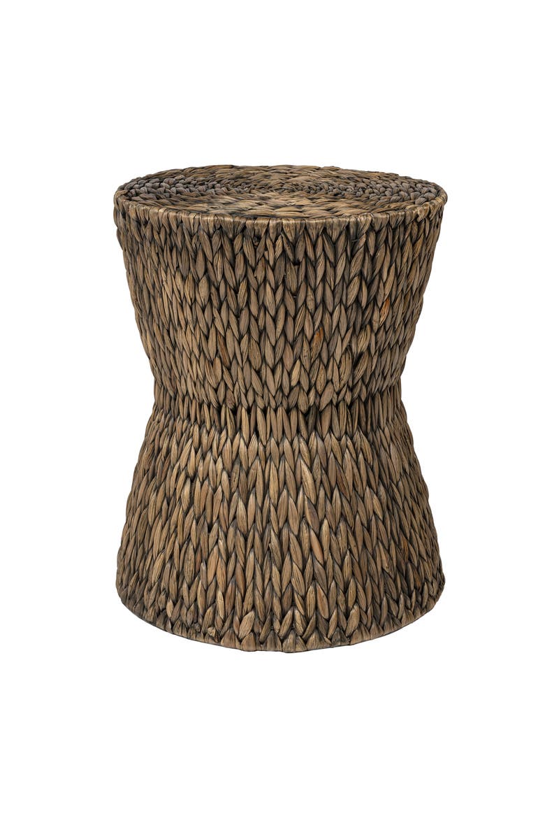 Natura Bohemian Handwoven Round Accent Side Table, Hourglass Woven End Table with Sturdy Metal Frame, Main, color, Brown