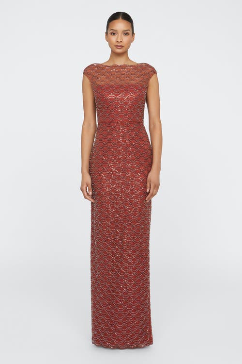 Theia Aura Beaded Column Gown In Brown