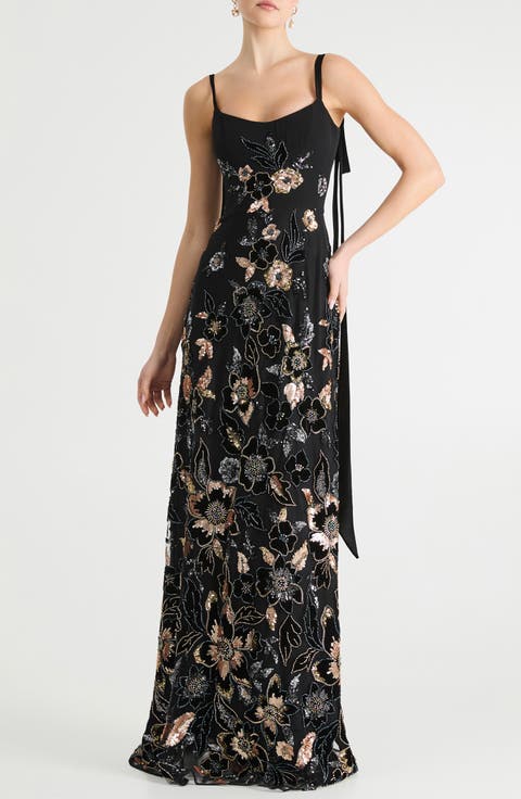 Dana Tie Strap Sequin & Bead Floral Gown