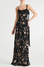 HELSI Dana Tie Strap Sequin & Bead Floral Gown