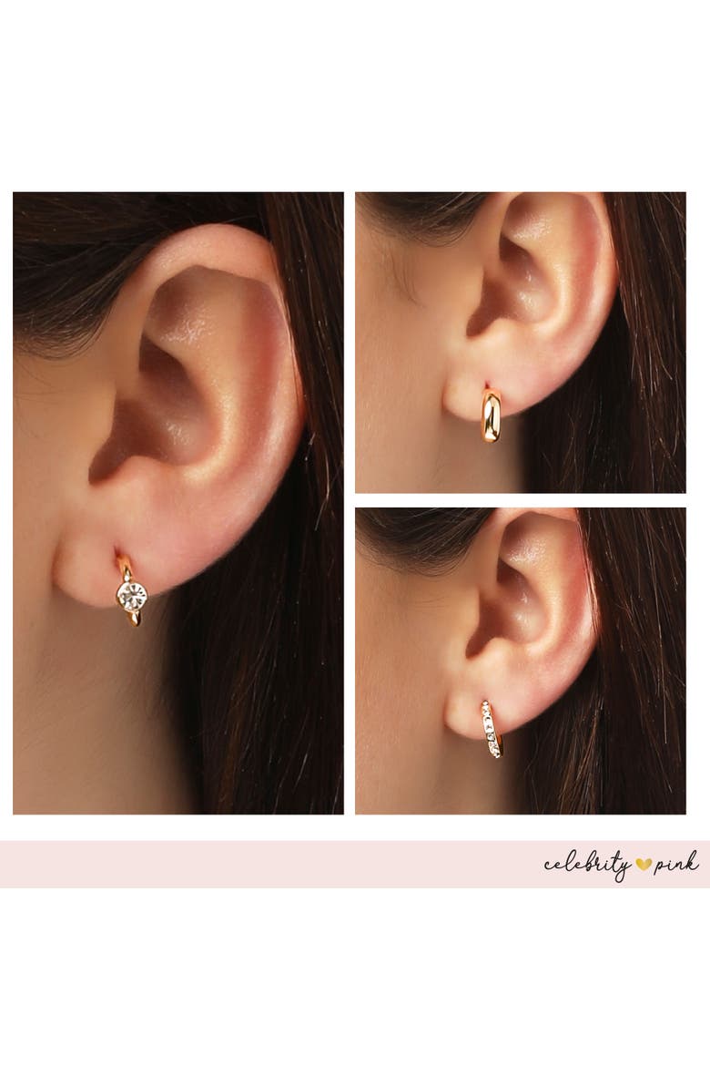 Gold-Tone Hoop Earrings for Women 6-Pack with Rhinestones | Small Hoops Yellow Gold-Tone, Rhinestone Accents, Dangling Heart Charm, Star Pendant, Huggie Earrings, 6 Different Pairs, Alternate, color, Gold-Tone