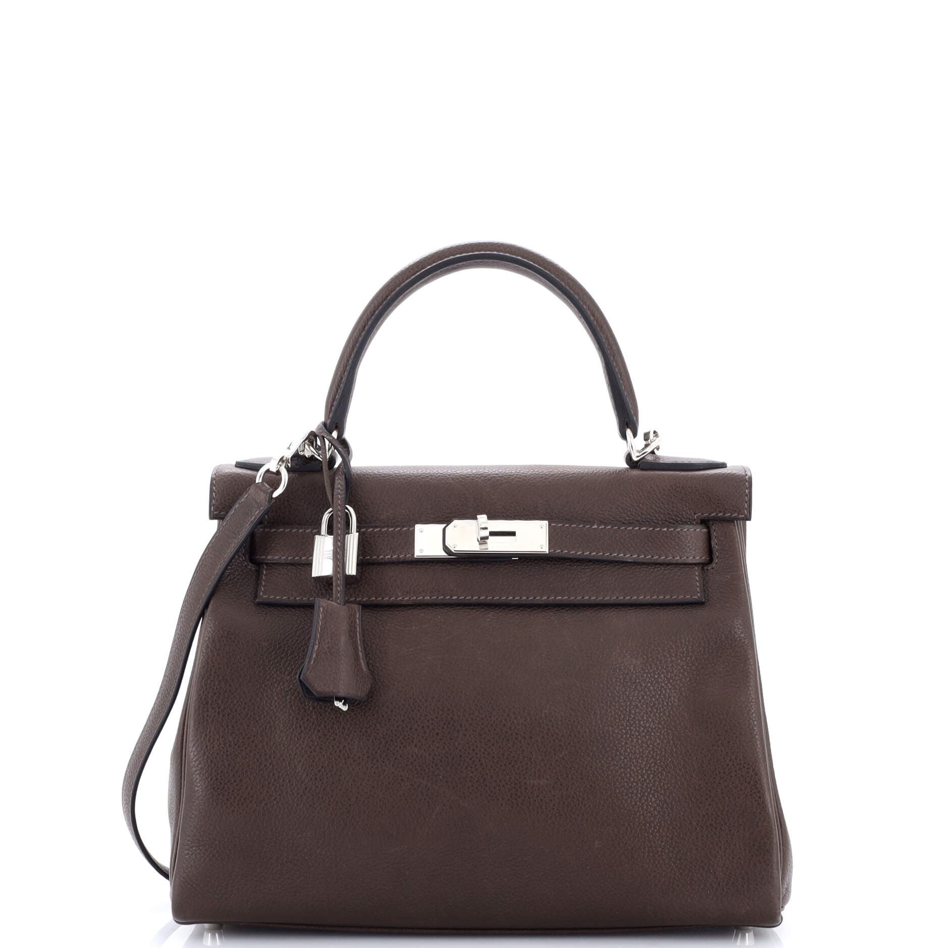Pre-Owned Hermes Kelly Handbag Brown Barenia Faubourg with Palladium Hardware 28, Main, color, Ebene