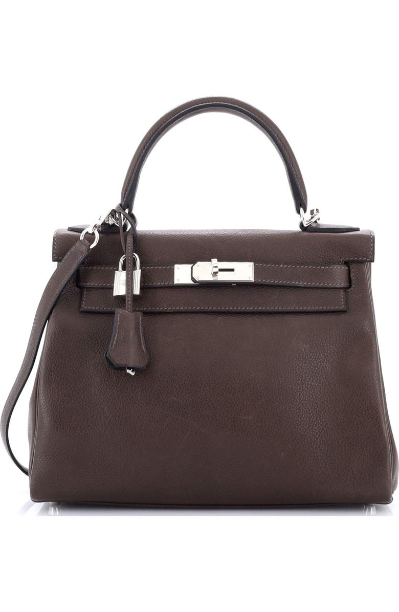 Pre-Owned Hermes Kelly Handbag Brown Barenia Faubourg with Palladium Hardware 28, Main, color, Ebene