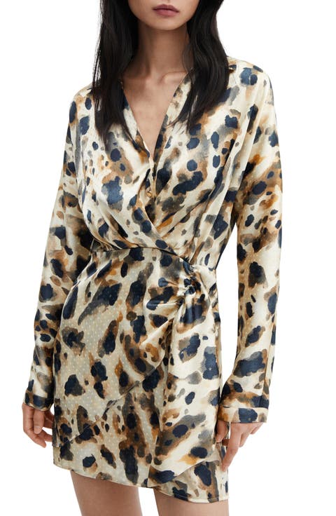Print Ruffle Detail Long Sleeve Satin Shirtdress