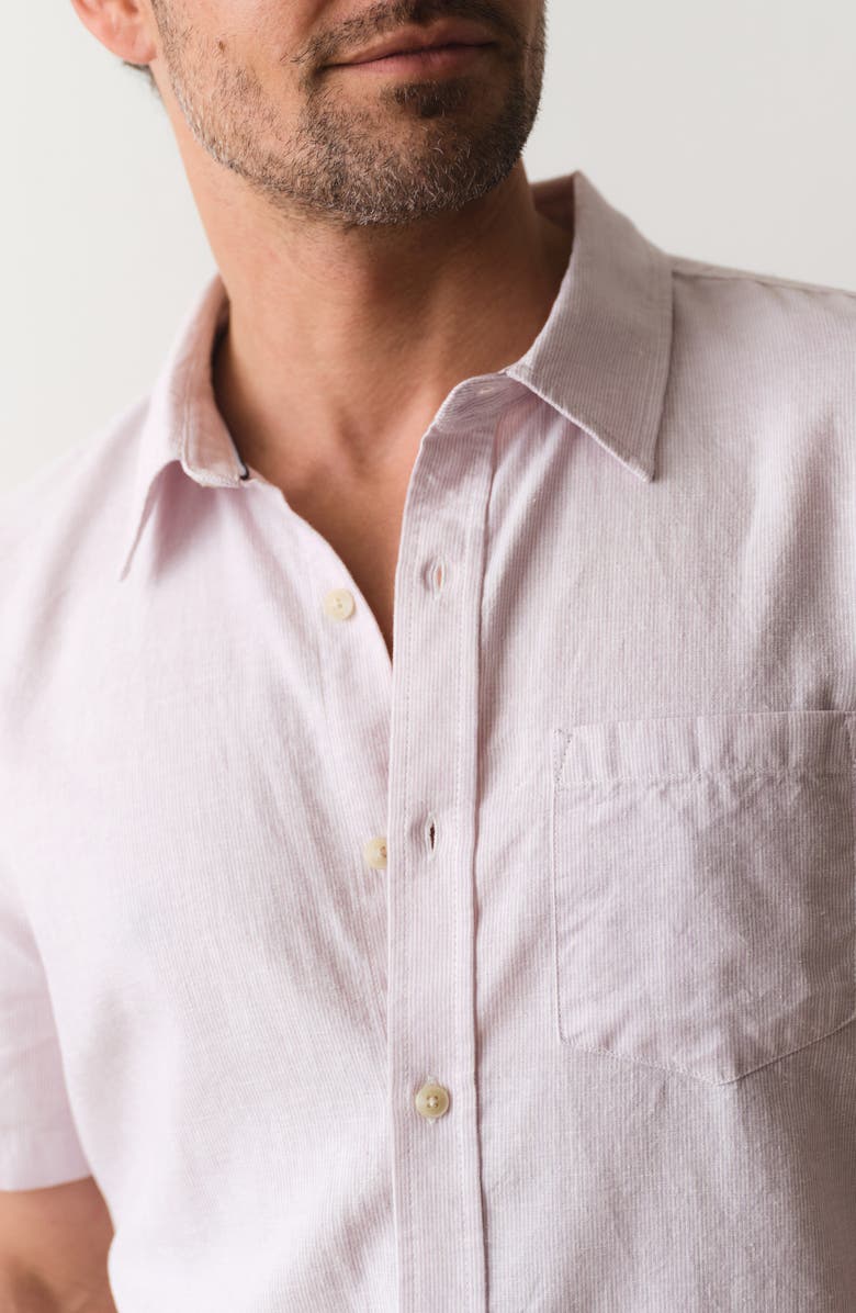 Marine Layer Better-than-Linen Hemp Blend Short Sleeve Button-Up Shirt, Alternate, color, Lavender Mist Stripe