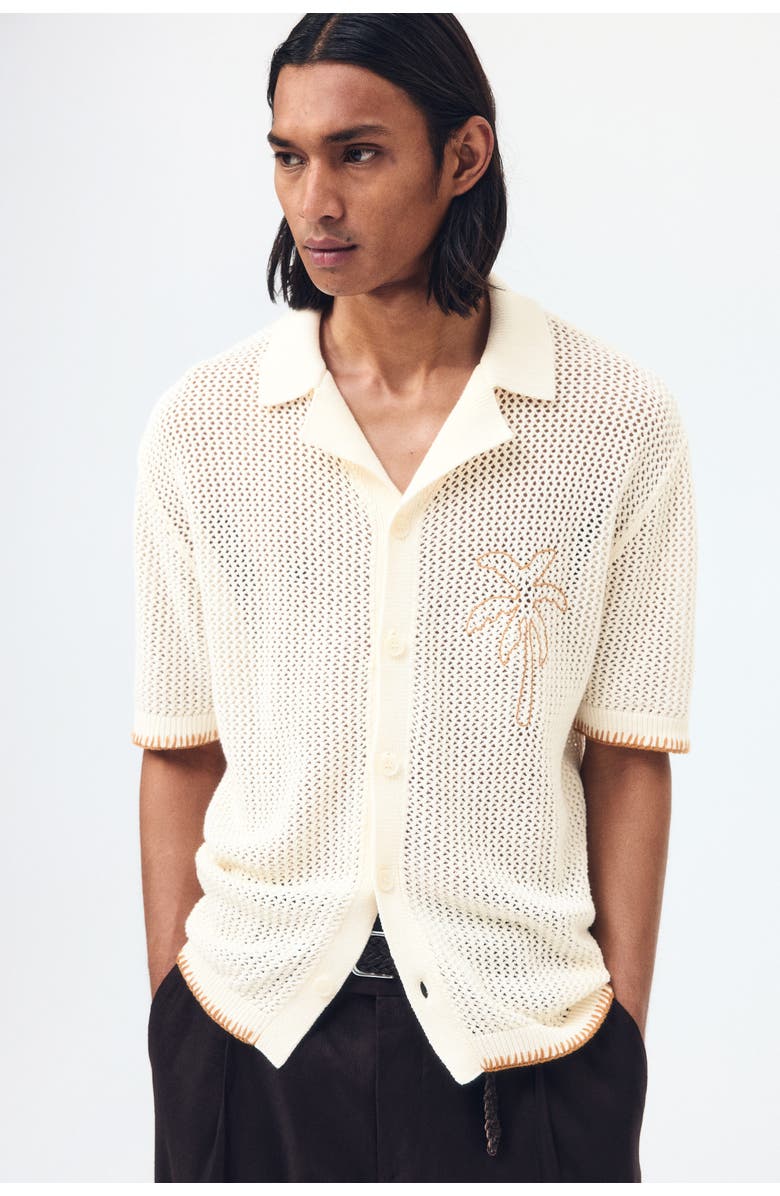 H&M Relaxed Fit Hole-knit Resort Shirt, Alternate, color, Cream/Palm Tree