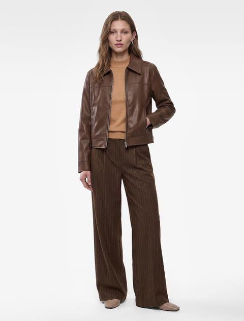 Faux Leather Bomber Jacket Front Zip Long Sleeve