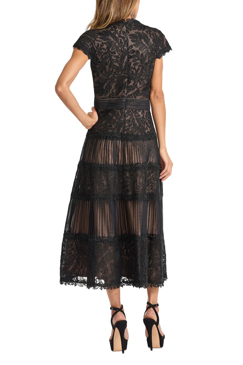 Pintuck Pleat Embroidery Detail Cocktail Midi Dress, Alternate, color, BLACK/ BEIGE