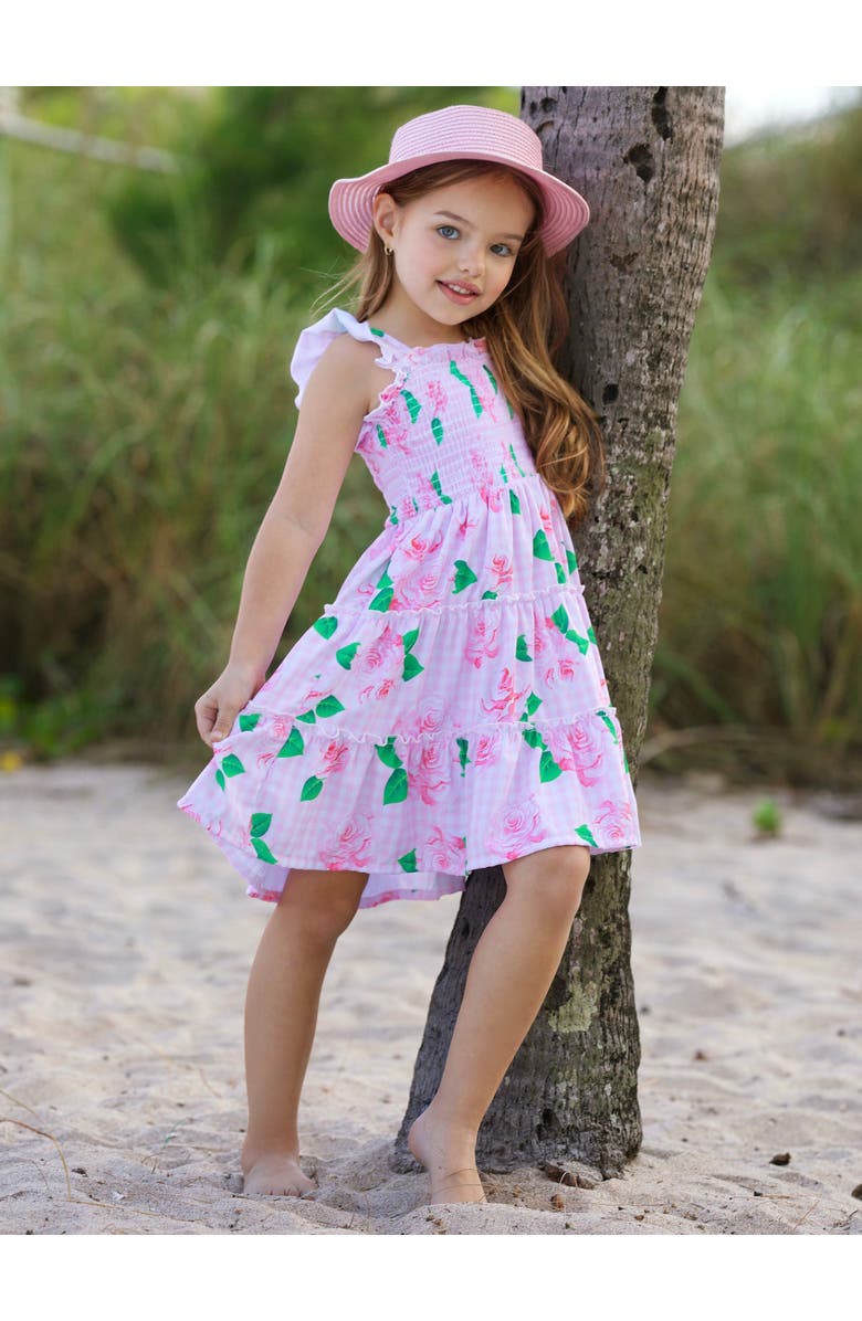 Mia Belle Girls Kids' Rose Garden Gingham Smocked Tiered Dress, Alternate, color, Pink
