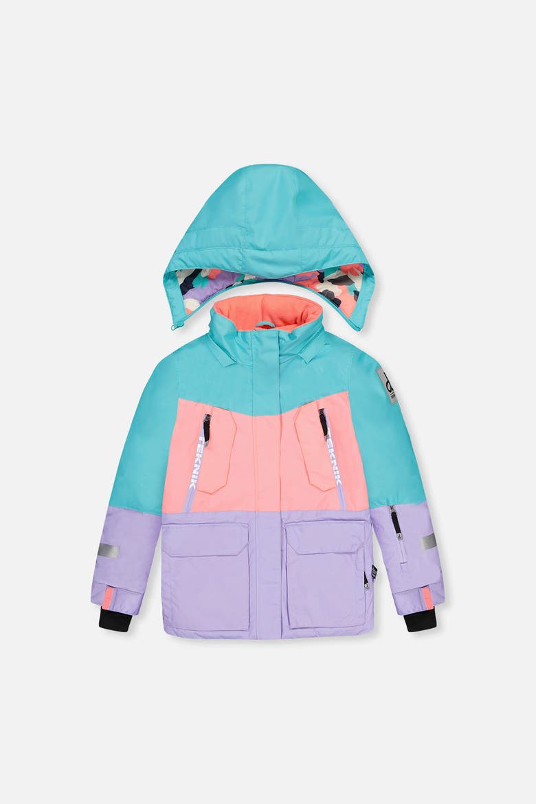 Fleece Lined Teknik Jacket & Reinforced Pants Two Piece Snowsuit, Alternate, color, Turquoise, Orange and Mauve