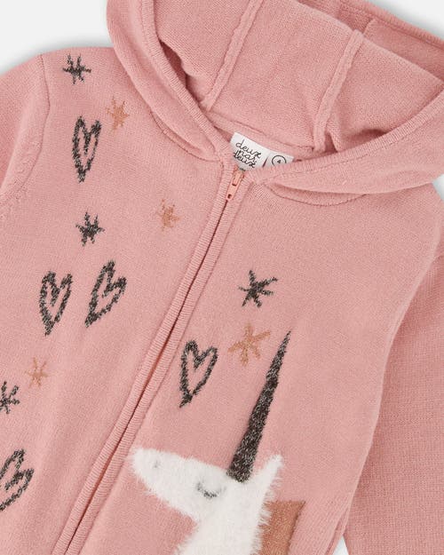 Deux Par Deux Hooded Knit Cardigan With Unicorn Intarsia In Pink