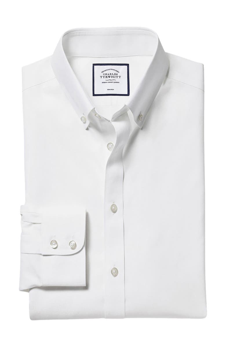 Charles Tyrwhitt Non-Iron Button-Down Twill Slim Fit Shirt Single Cuff, Main, color, White