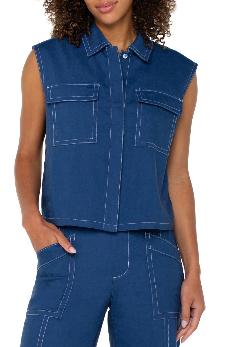 Liverpool Los Angeles Linen Blend Sleeveless Cargo Button-Up Shirt, Main, color, 