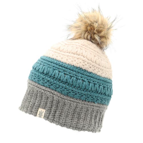 Nirvana Designs Stripe Flower Fur Pom Pom In Ash/teal