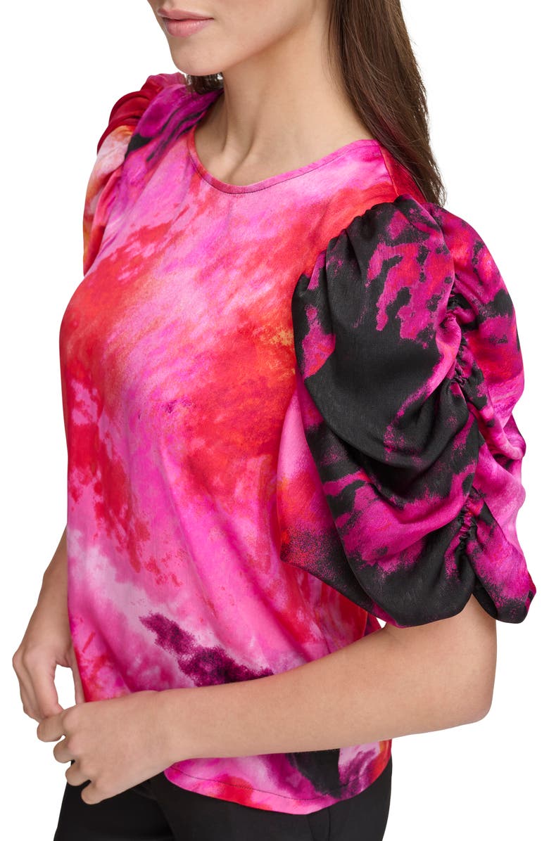 DKNY Print Puff Sleeve Satin Top, Alternate, color,