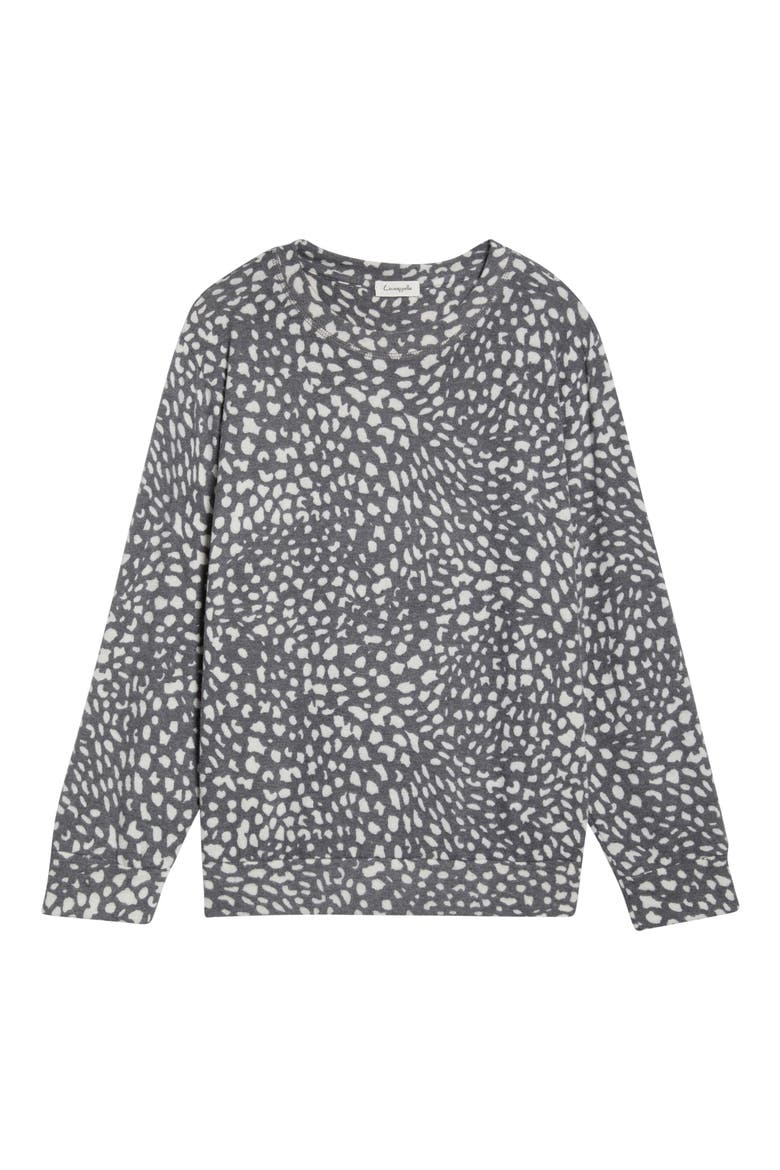 Brushed Animal Print Long Sleeve Crewneck Top, Alternate, color, CHARCOAL/ IVORY