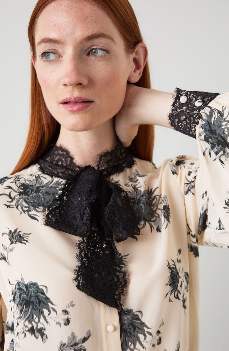 LK Bennett Violetta Floral Lace Bow Button-Up Shirt, Alternate, color, Black Cream