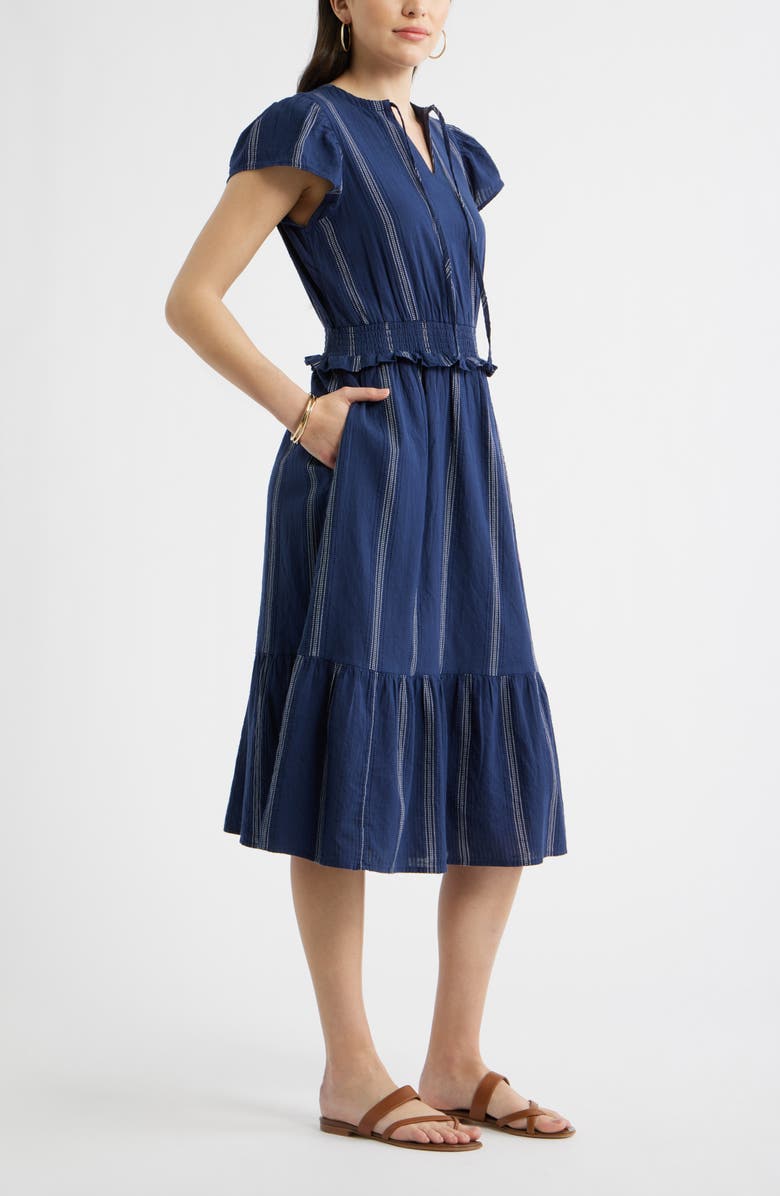Caslon<sup>®</sup> Puff Sleeve Frill Flared Midi Dress, Alternate, color, Navy- Ivory Stripe