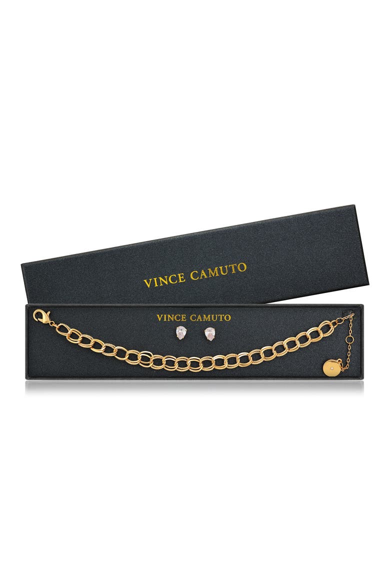 Double Link Bracelet & Cubic Zirconia Stud Earrings Gift Set, Alternate, color, GOLD