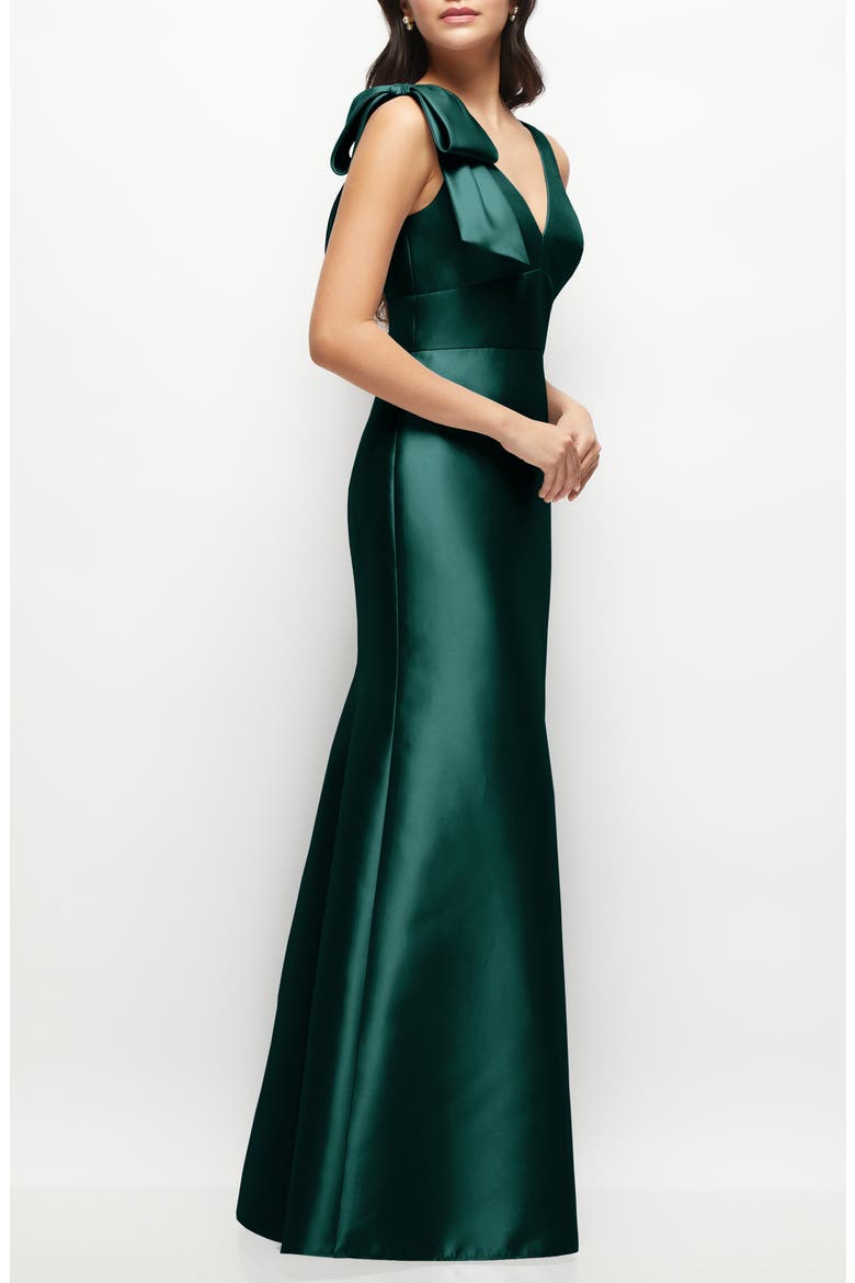 Bow Detail Sleeveless Satin Twill Trumpet Gown, Alternate, color, EVERGREEN