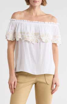 Ramy Brook Terri Embroidered Floral Ruffle Off the Shoulder Top