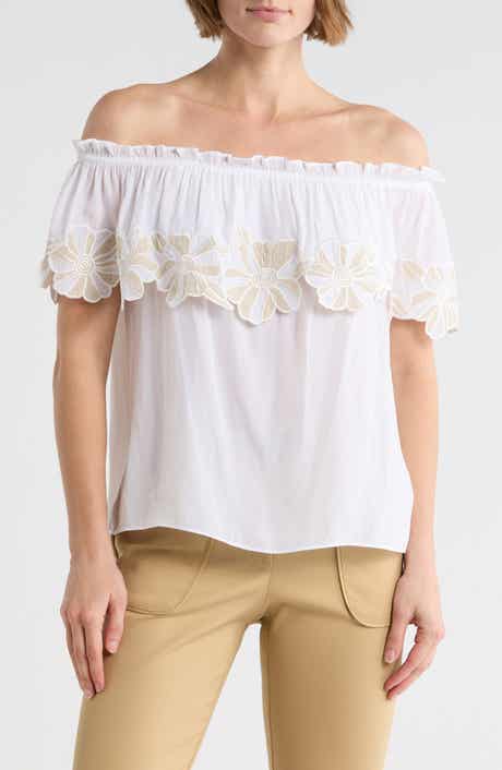 Ramy Brook Terri Embroidered Floral Ruffle Off the Shoulder Top