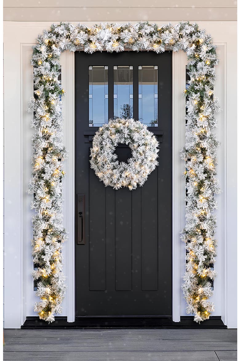 9ft Pre-Lit Flocked Pine Christmas Garland with Timer, Alternate, color, Green