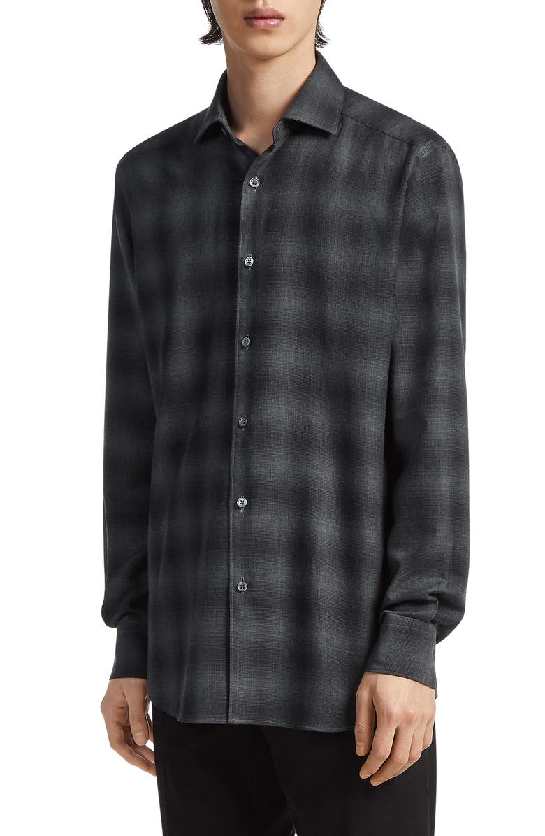ZEGNA Cashco Plaid Cotton & Cashmere Button-Up Shirt, Main, color, 