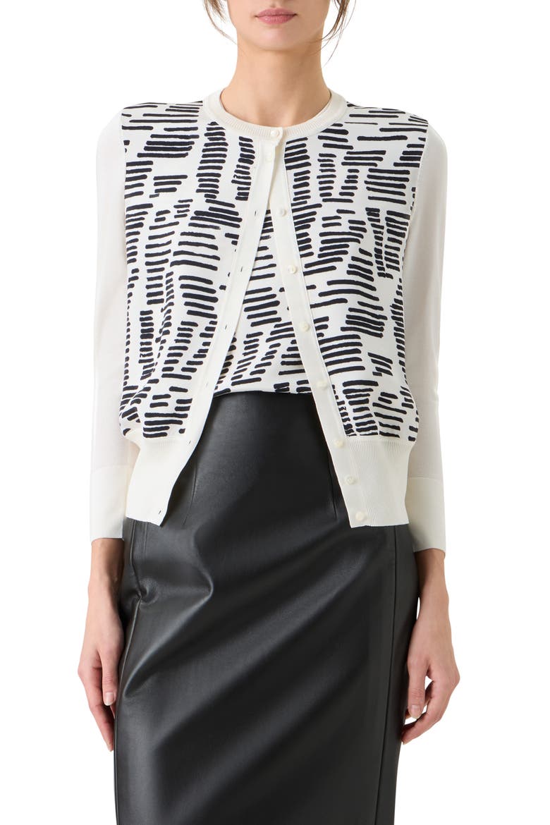 Dance Movements Print Mixed Media Silk Cardigan, Main, color, ECRU-BLACK