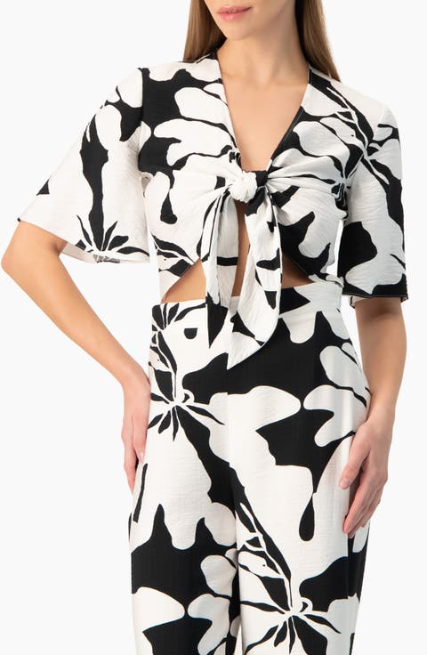 Bold Floral Print Tie-Front Wide-Sleeve Crop Top