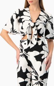 IVONNE Bold Floral Print Tie-Front Wide-Sleeve Crop Top