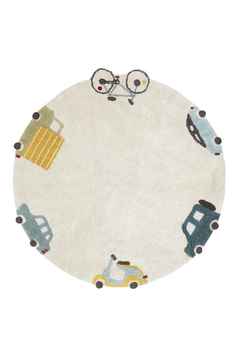 Kids' Washable Round Wheels Rug, Main, color, NATURAL BLUE HONEY OLIVE