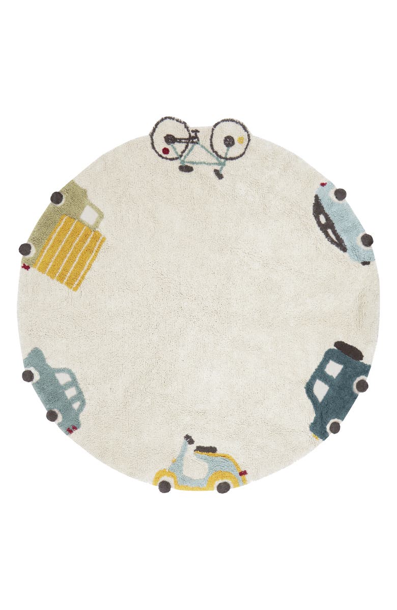 Lorena Canals Kids' Washable Round Wheels Rug, Main, color, Natural Blue Honey Olive